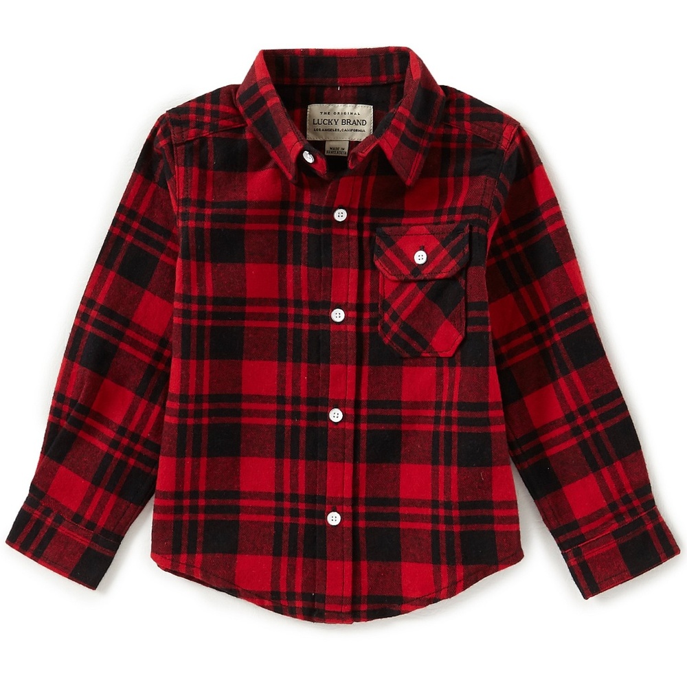Lucky Brand Boys 3T Red Long Sleeve Plaid Button Up Shirt Casual NWT‎
